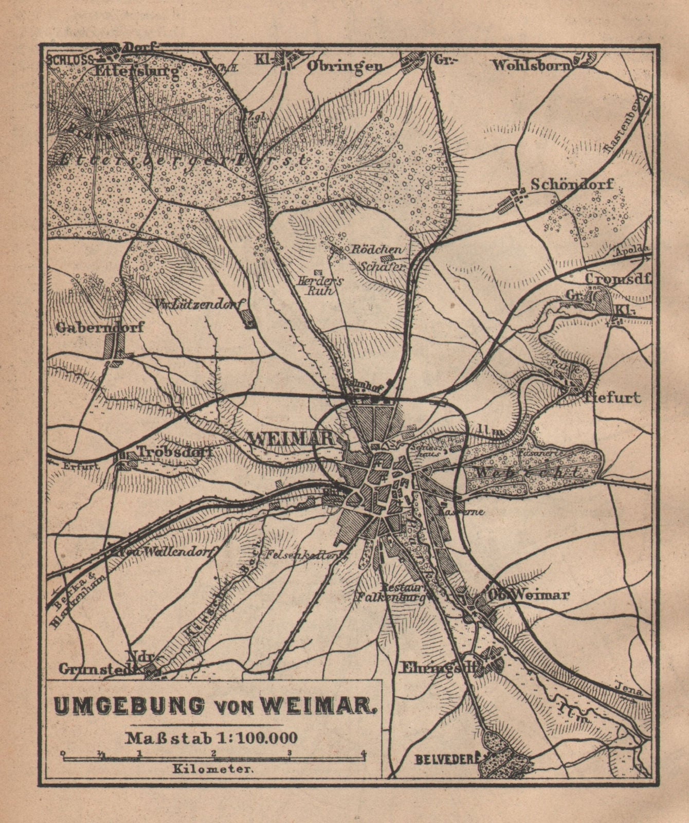 WEIMAR environs/umgebung. Thuringia. BAEDEKER 1904 old antique map plan chart